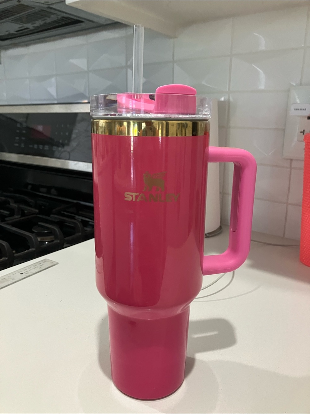 Stanley hot Pink 40oz Insulated Bottle with Gold Wear